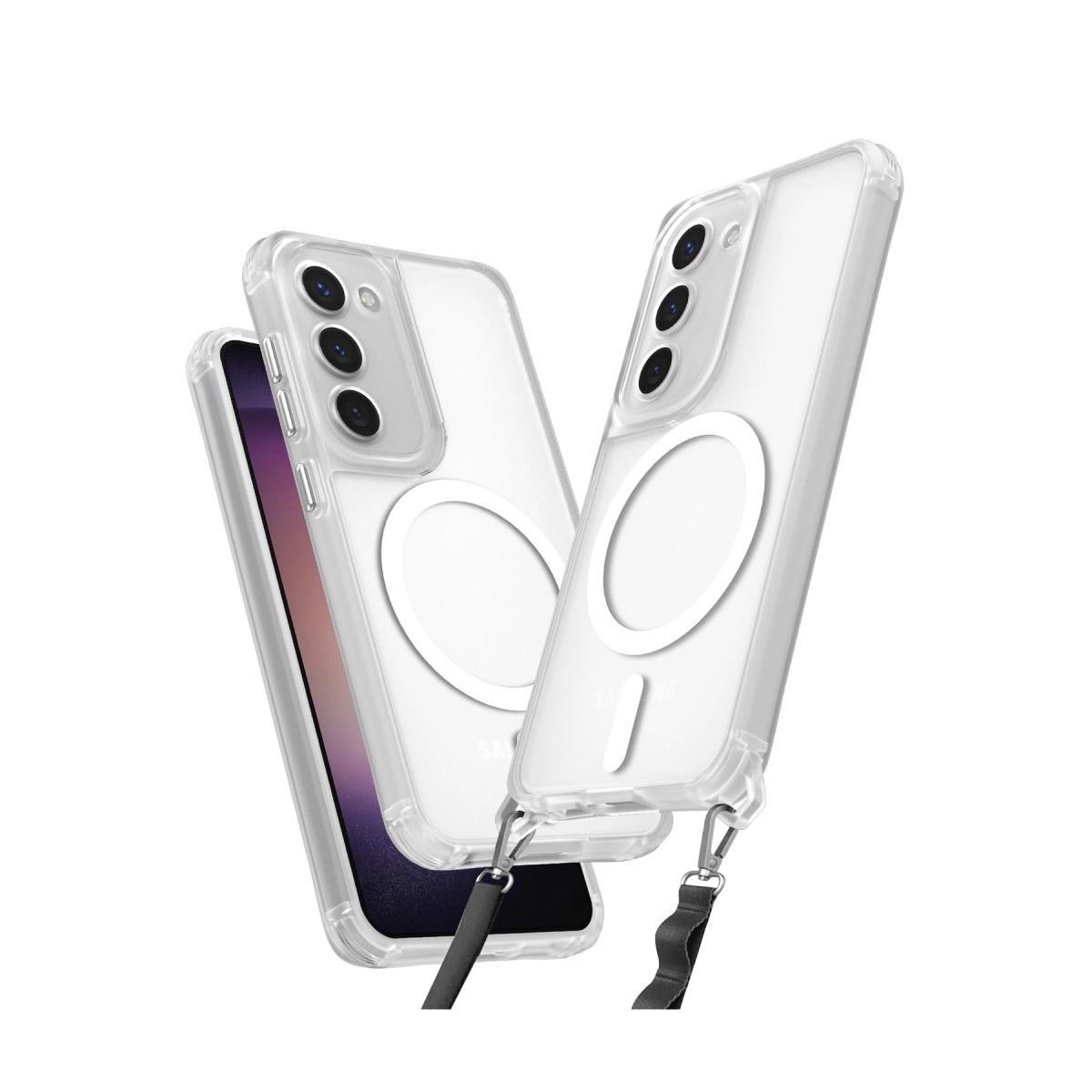 Mıknatıslı halka ve kordonlu iki şeffaf telefon kılıfı.