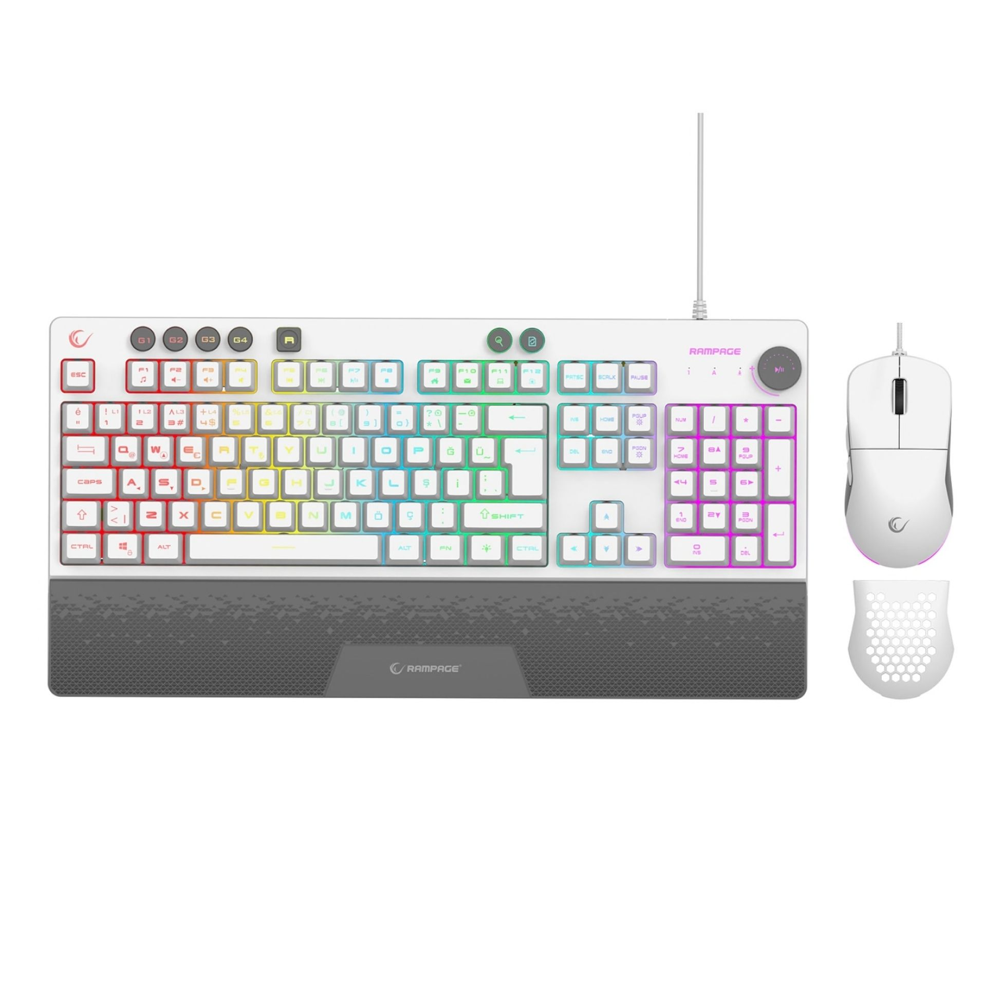 RGB aydınlatmalı ve çıkarılabilir bilek destekli beyaz oyuncu klavyesi ve fare seti.