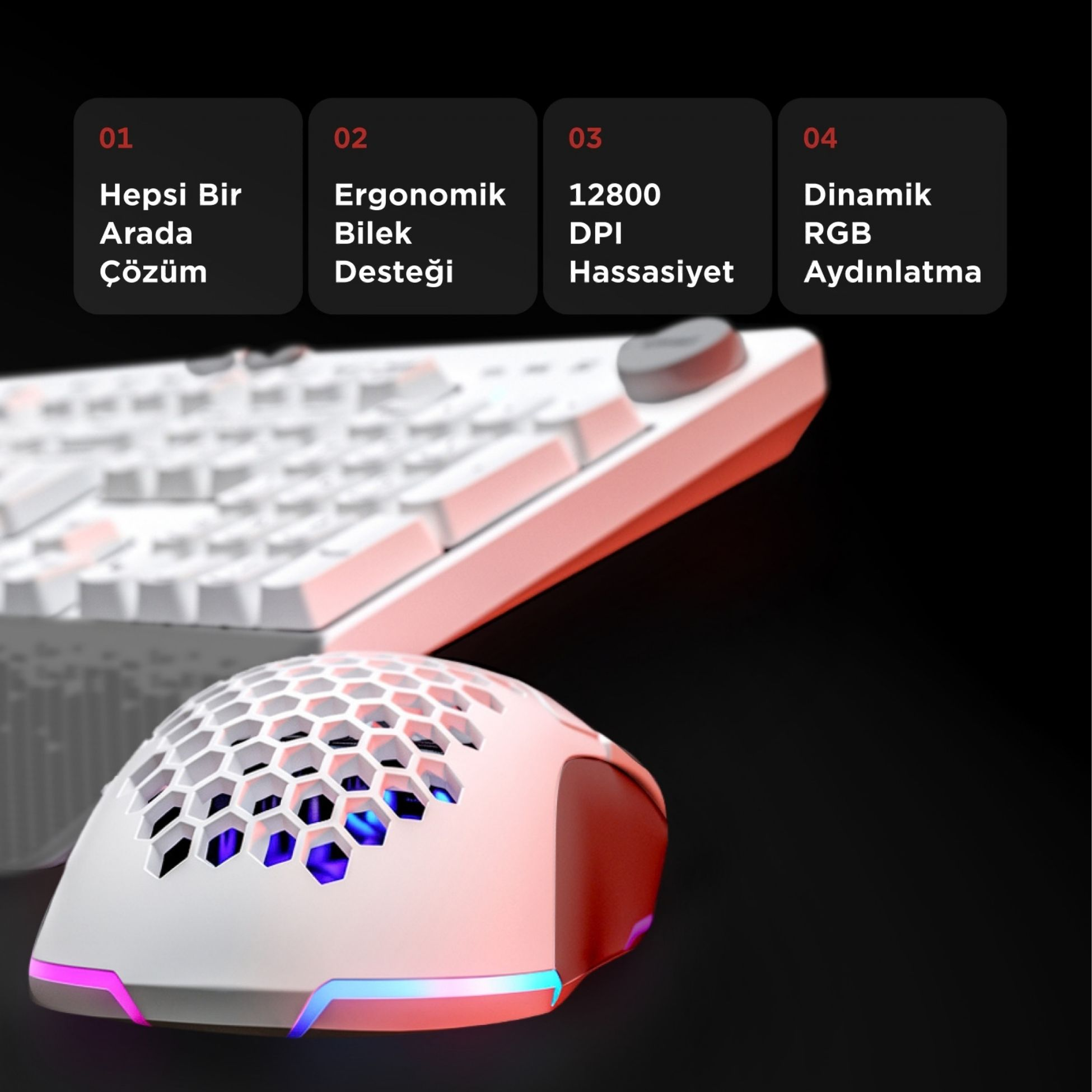 RGB aydınlatmalı beyaz oyuncu mouse ve klavye seti.