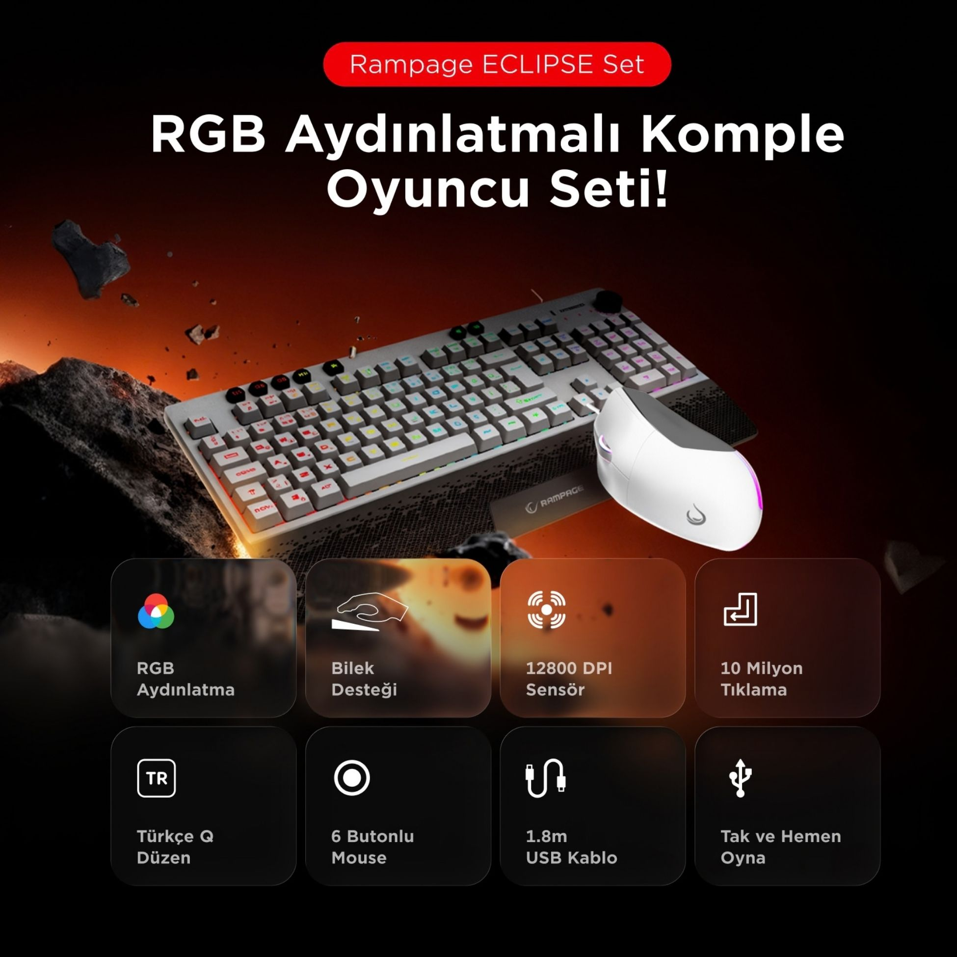 Klavye ve fareli beyaz oyuncu seti, RGB aydınlatmalı ve çeşitli özelliklere sahip.