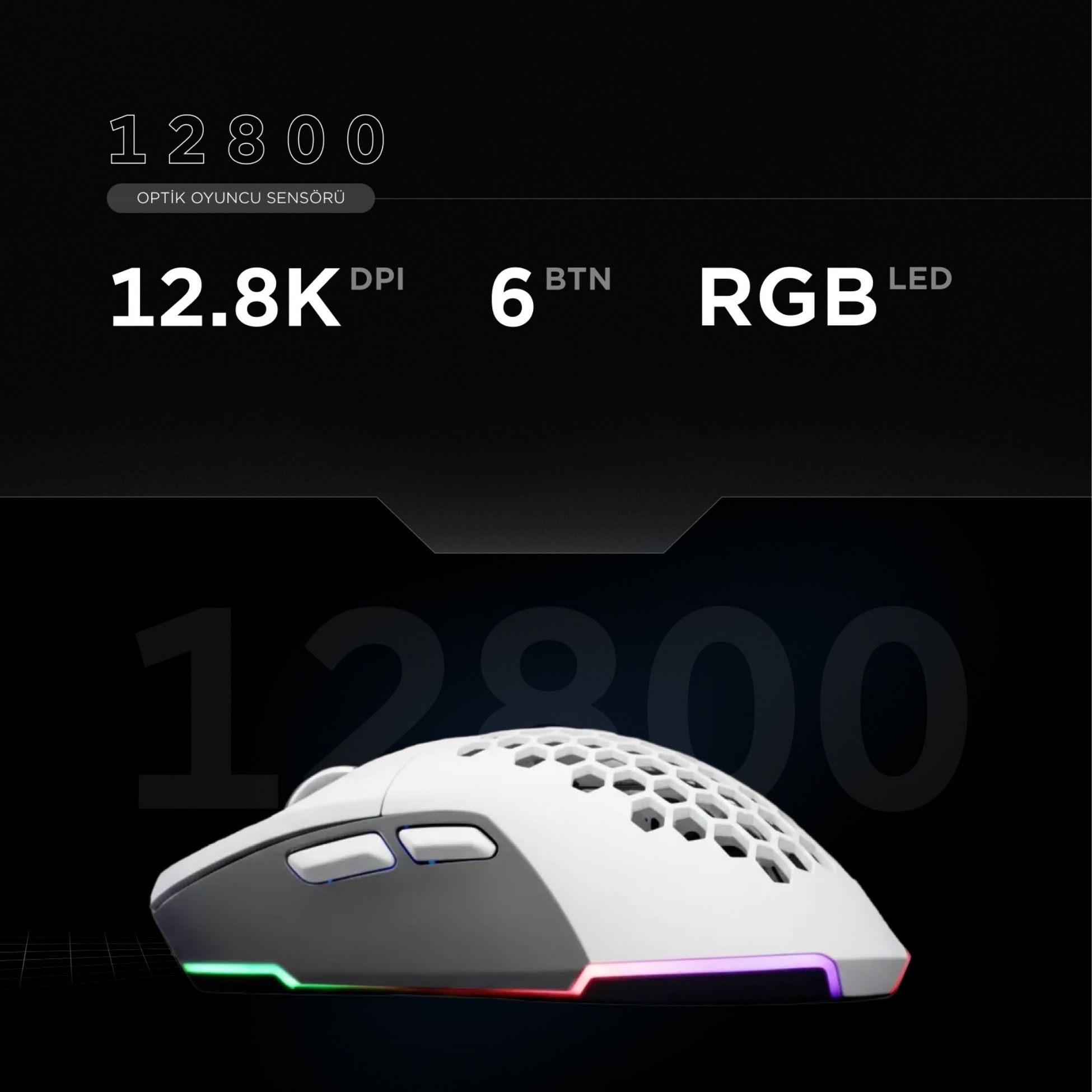 Bal peteği desenli, RGB aydınlatmalı beyaz oyuncu faresi.