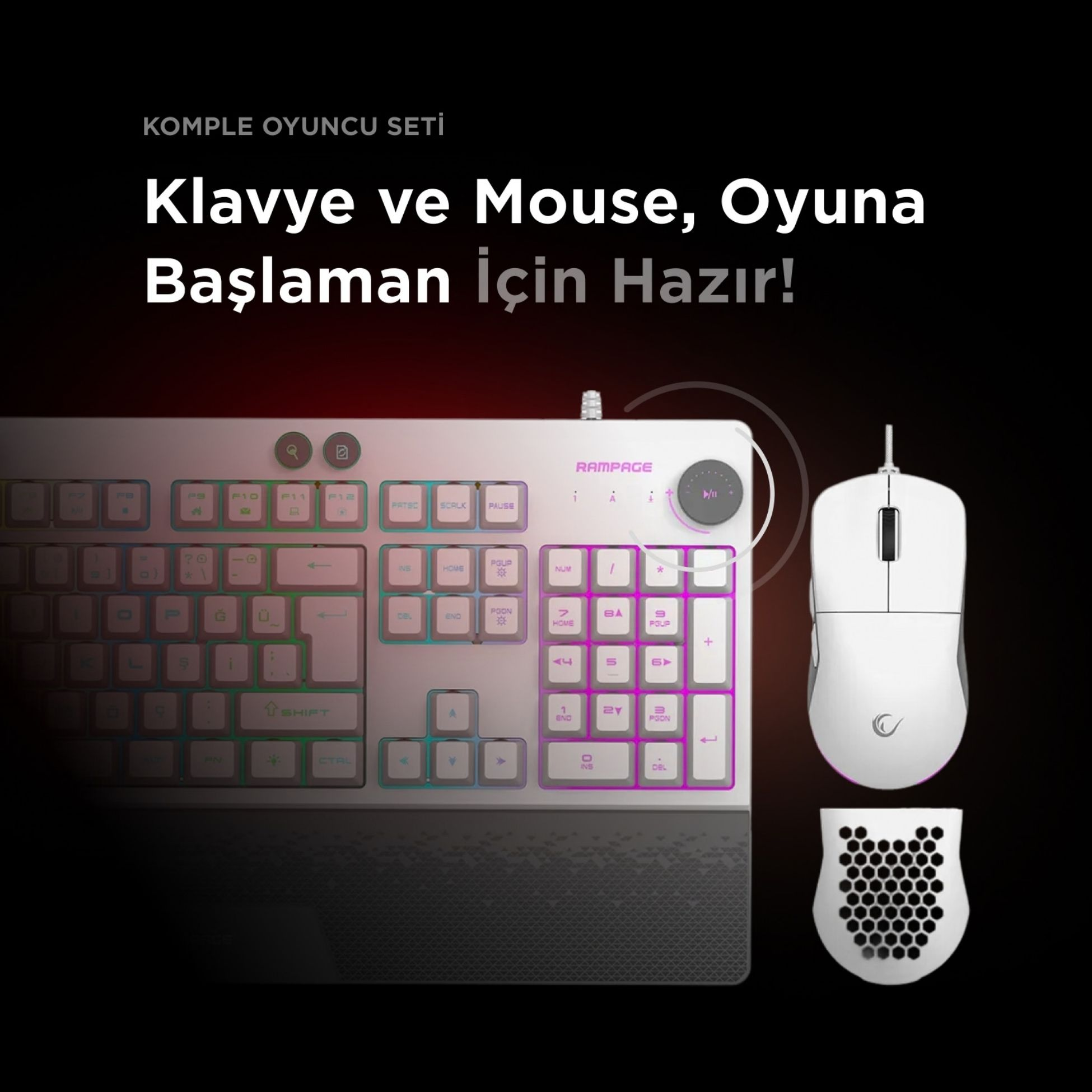 RGB aydınlatmalı beyaz oyuncu klavyesi ve beyaz oyuncu faresi.