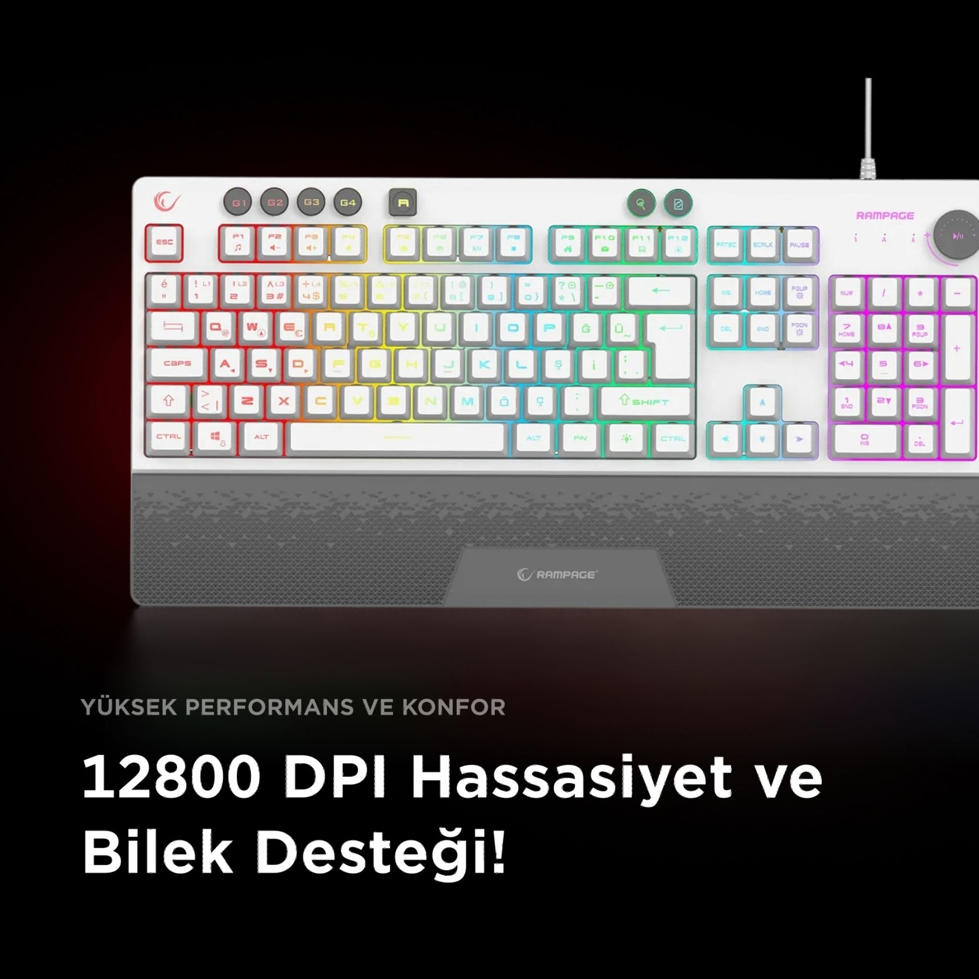 RGB renkli ve dokulu bilek destekli, arkadan aydınlatmalı oyuncu klavyesi.