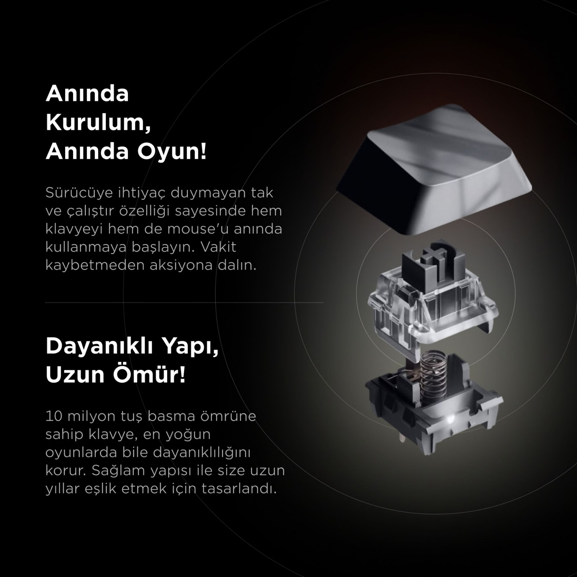 Gri ve siyah mekanik klavye anahtarının patlatılmış görünümü.