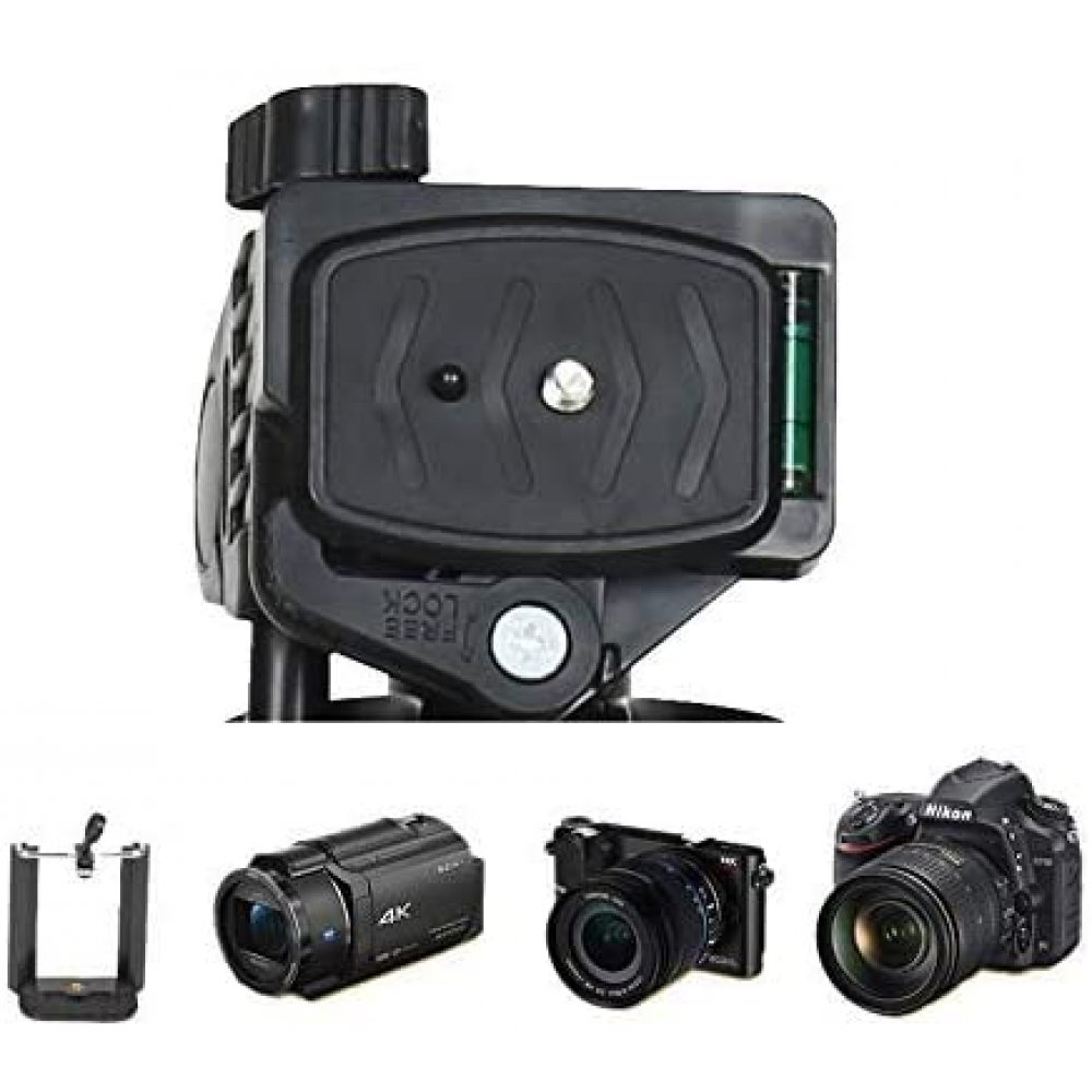 Kamera ekipmanı: tripod başlığı, telefon tutucu, kamera, fotoğraf makinesi ve DSLR.
