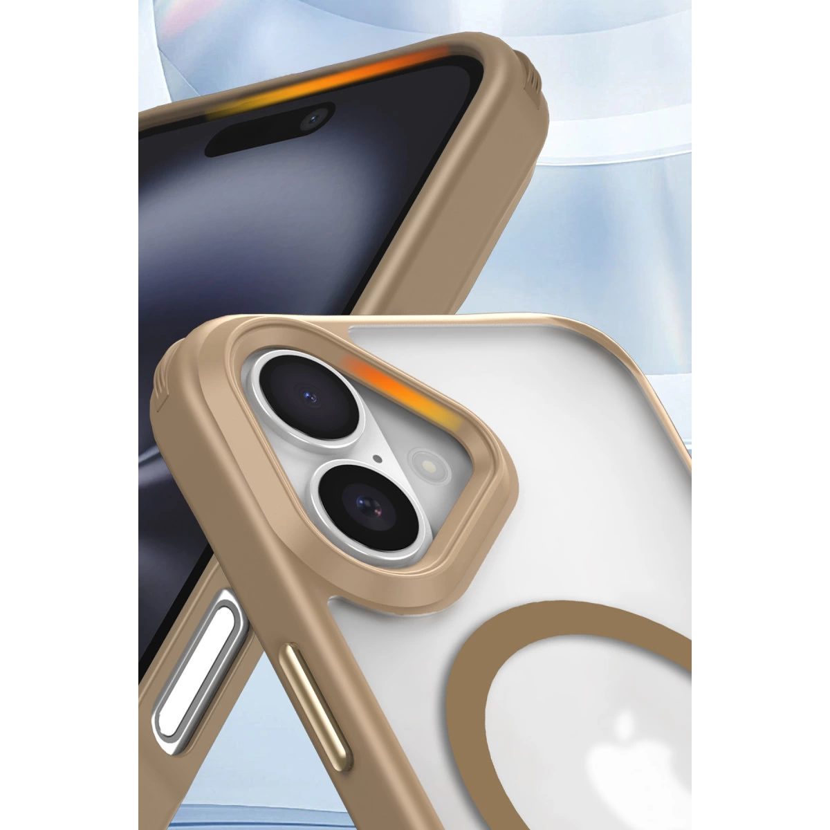 Turuncu vurgulu, çift kameralı altın iPhone kılıfı.
