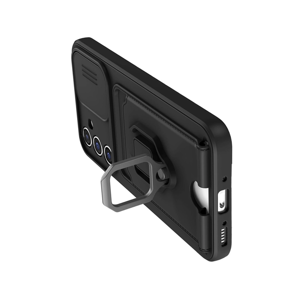 Yüzüklü tutucu ve kamera kapaklı siyah telefon kılıfı.