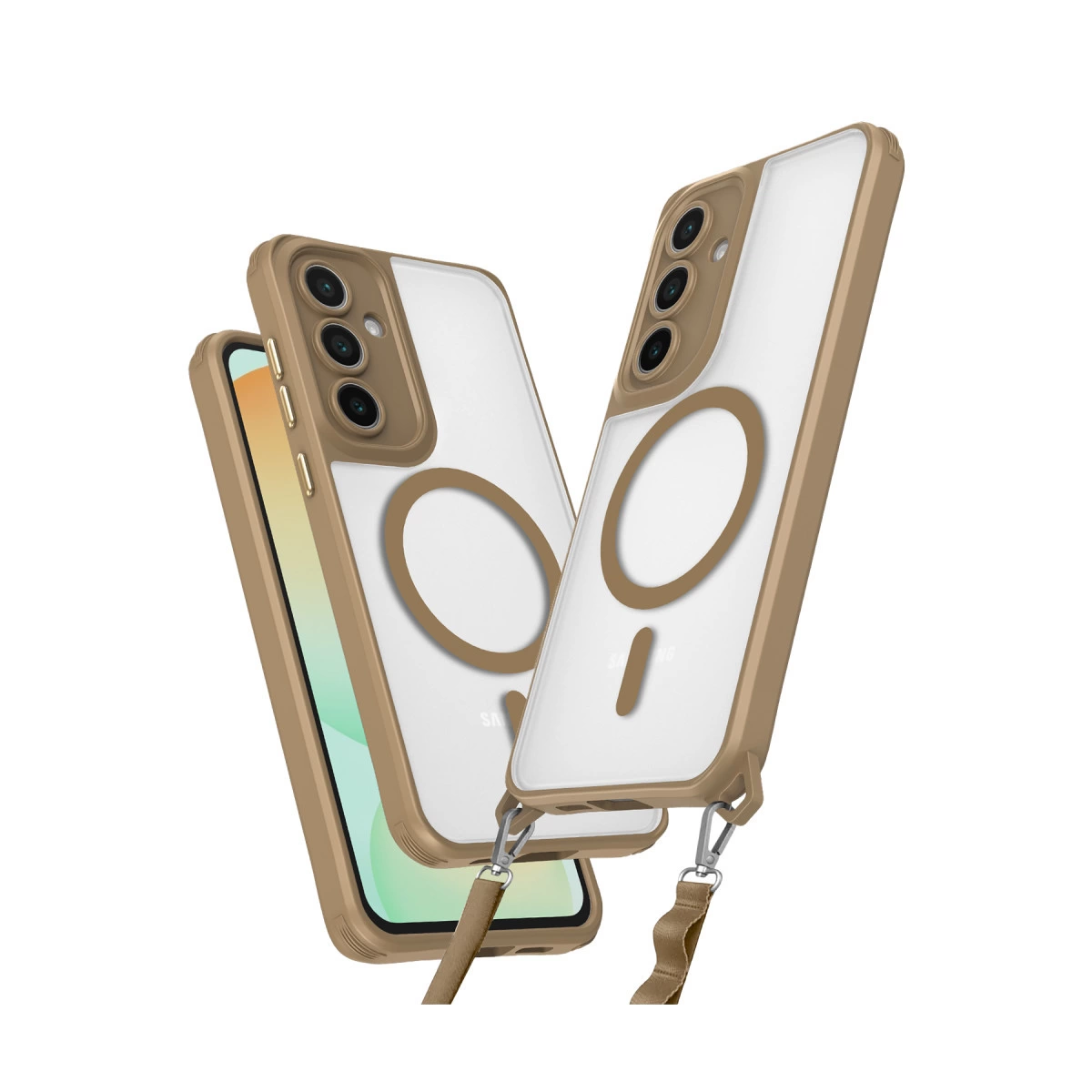 Kahverengi çerçeveli ve MagSafe halkalı iki şeffaf telefon kılıfı.