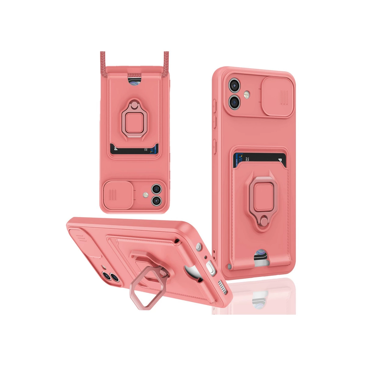 Halka tutuculu, kart yuvalı ve kamera kapaklı pembe telefon kılıfı.