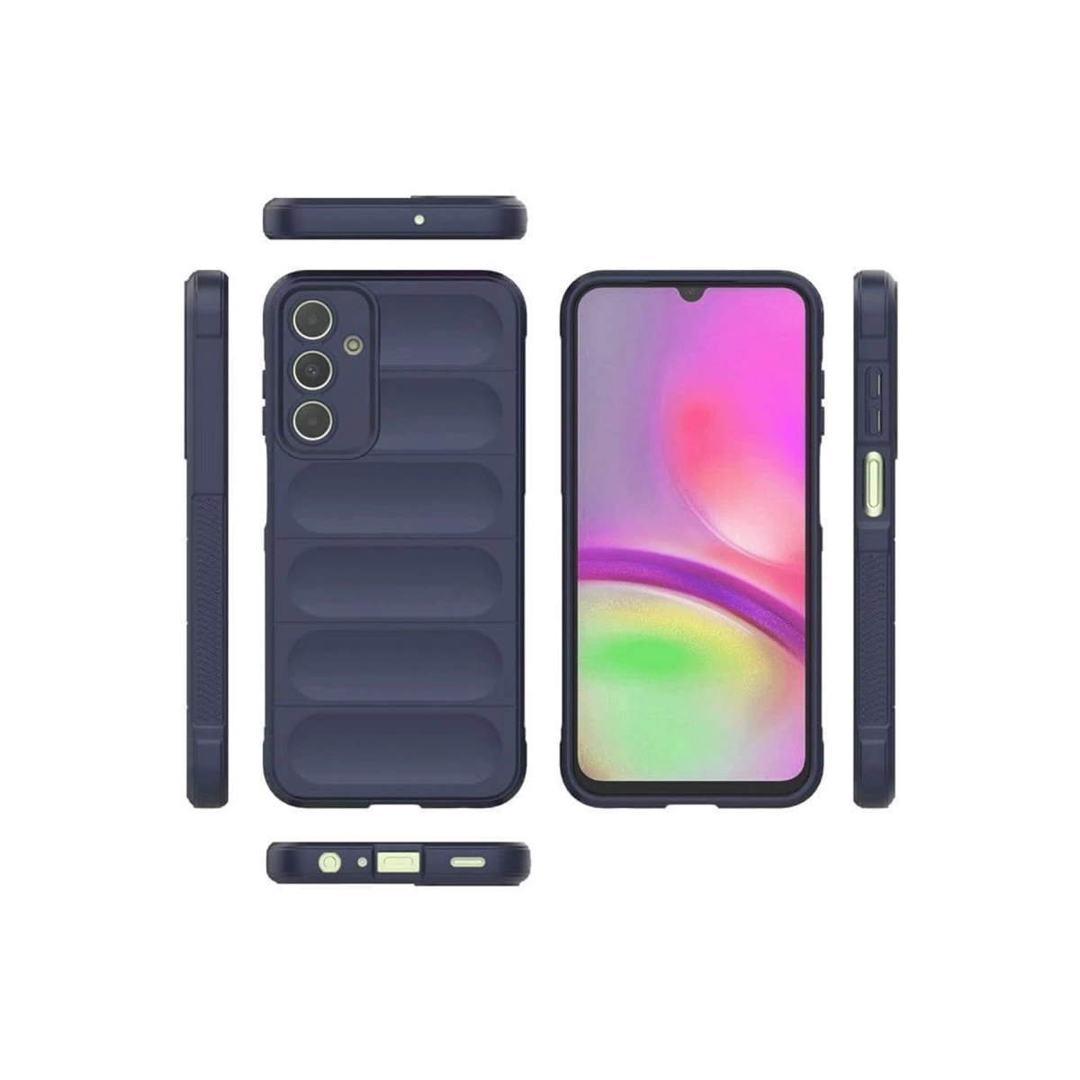 Kamera sistemli ve desenli lacivert telefon kılıfı. Ön, arka ve yan görünümler.