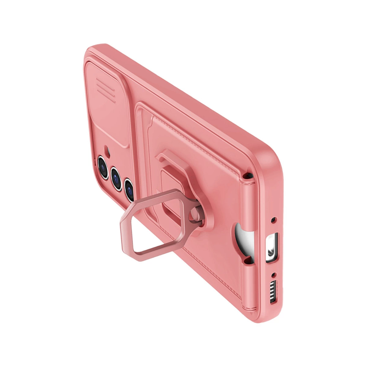 Halka tutuculu ve kamera bölmeli pembe telefon kılıfı.