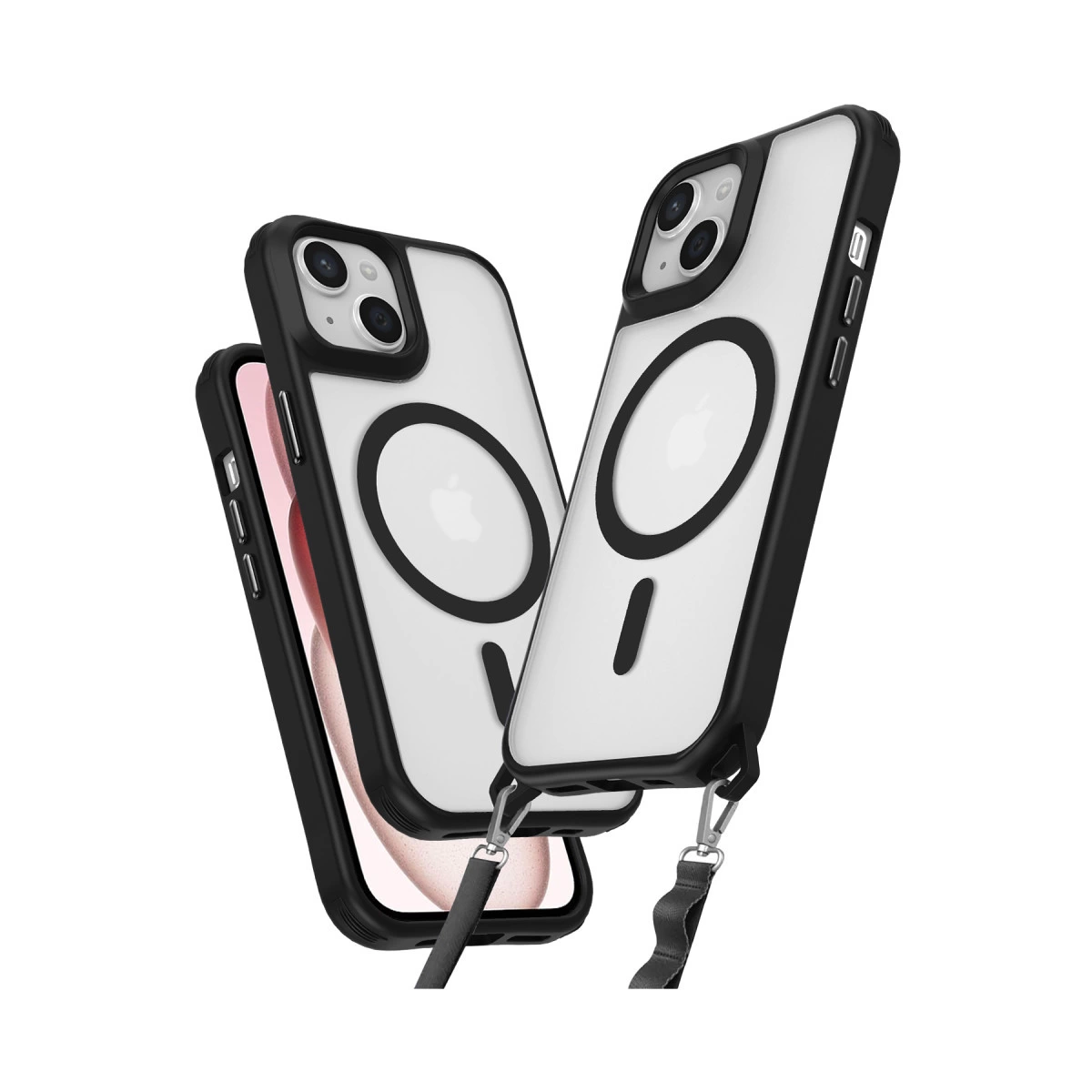 Siyah kenarlı ve MagSafe halkalı iki şeffaf telefon kılıfı.