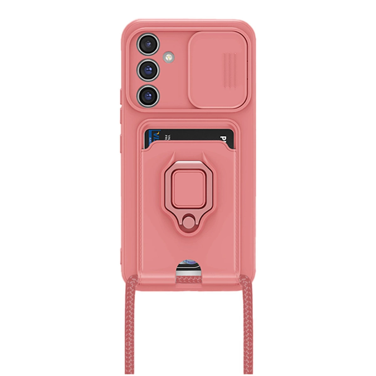 Kamera kapaklı, kart tutuculu, halkalı ve askılı pembe telefon kılıfı.