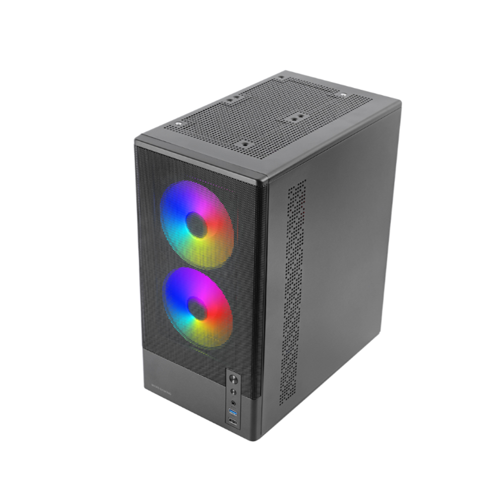 Torre de ordenador negra con dos ventiladores RGB iluminados al frente.
