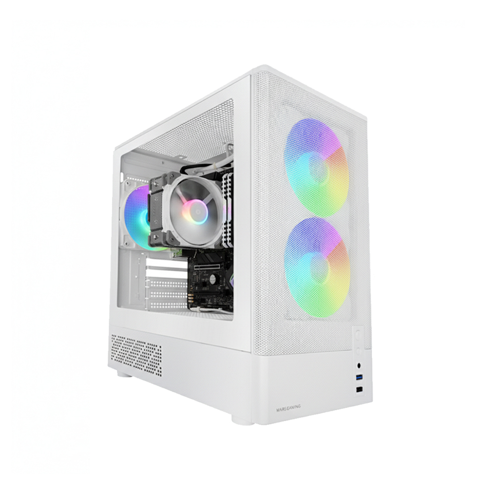 Torre de PC blanca con ventiladores RGB y componentes internos visibles.