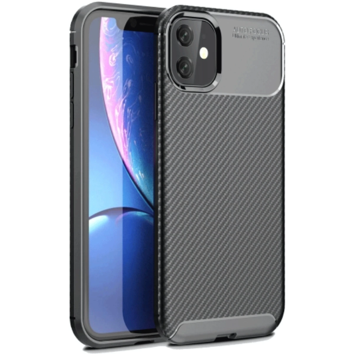 Karbon fiber desenli kılıflı gri telefon ve ön planda kamera.