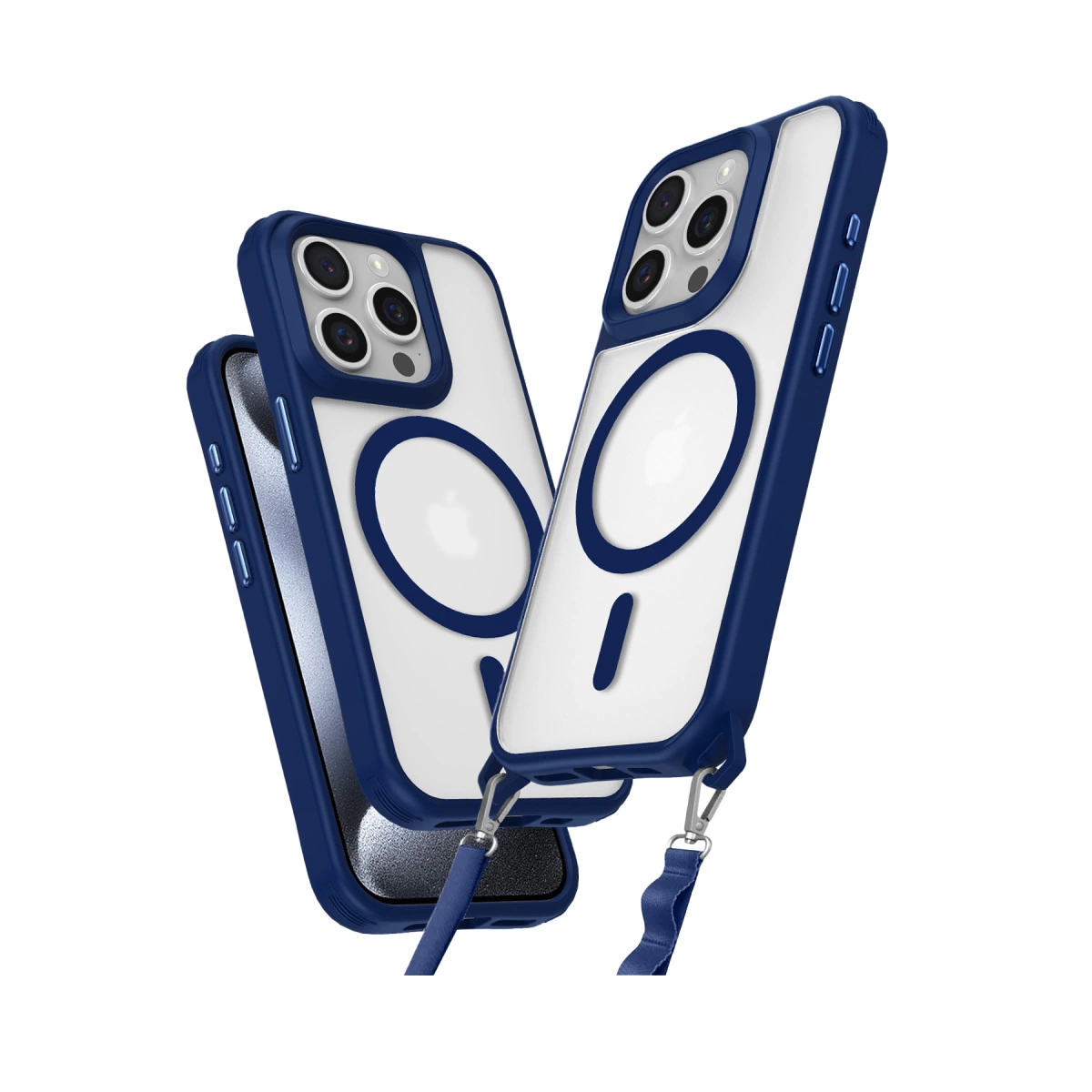 Kameralı kesikler ve kordonlu iki mavi ve şeffaf telefon kılıfı.