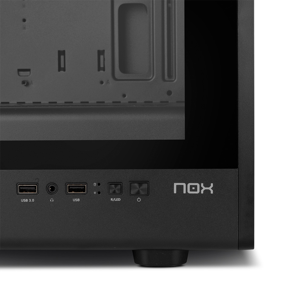 Caja de PC negra con USB 3.0, toma de auriculares, USB, R/LED y botón de encendido.