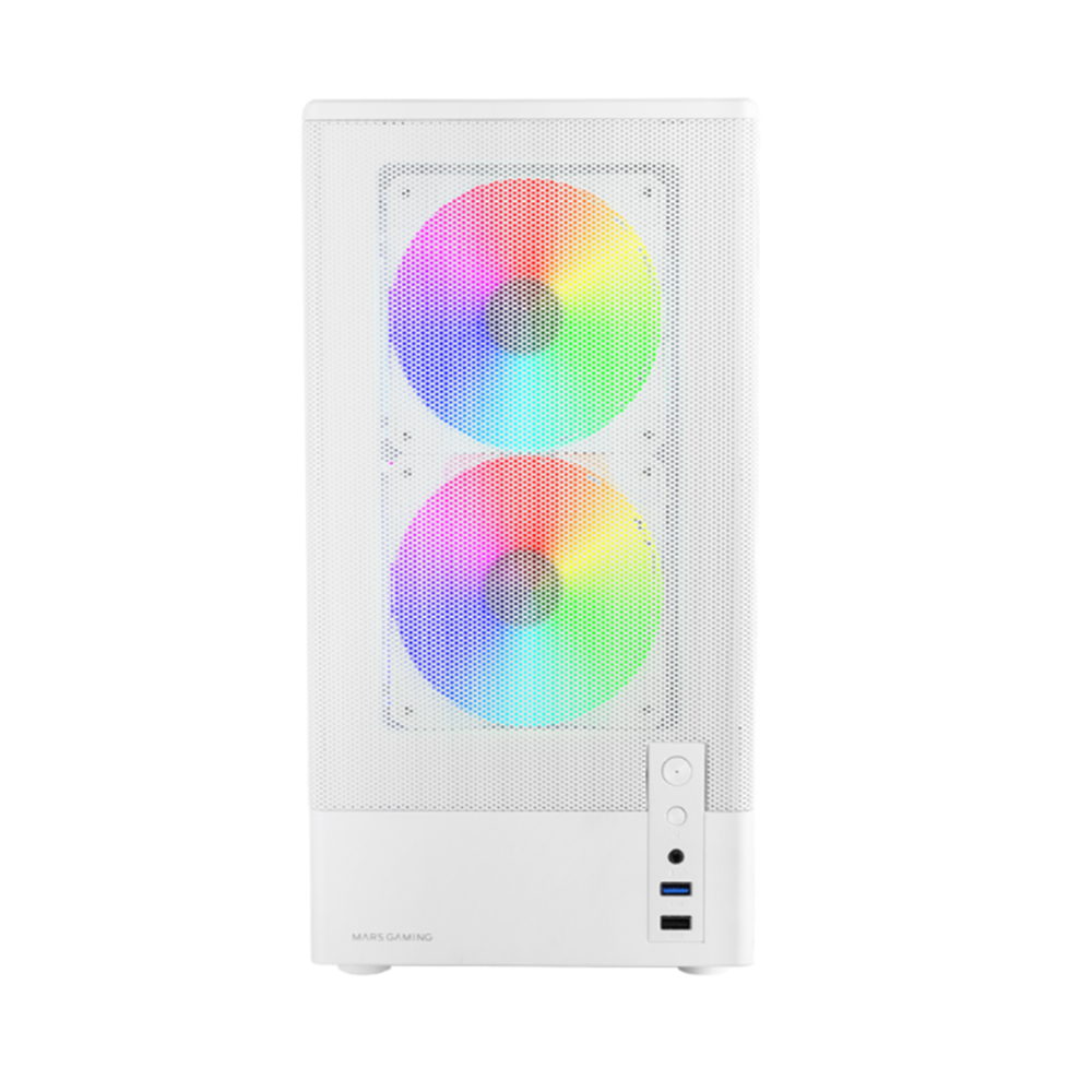 Caja de PC blanca con dos ventiladores RGB, puertos y logo.