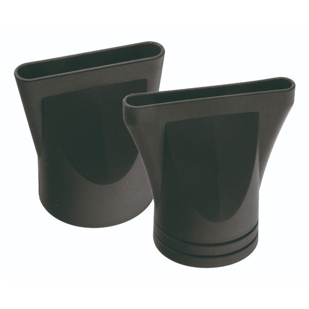 Dwie czarne dysze suszarki do włosów, ujęcie pod kątem.