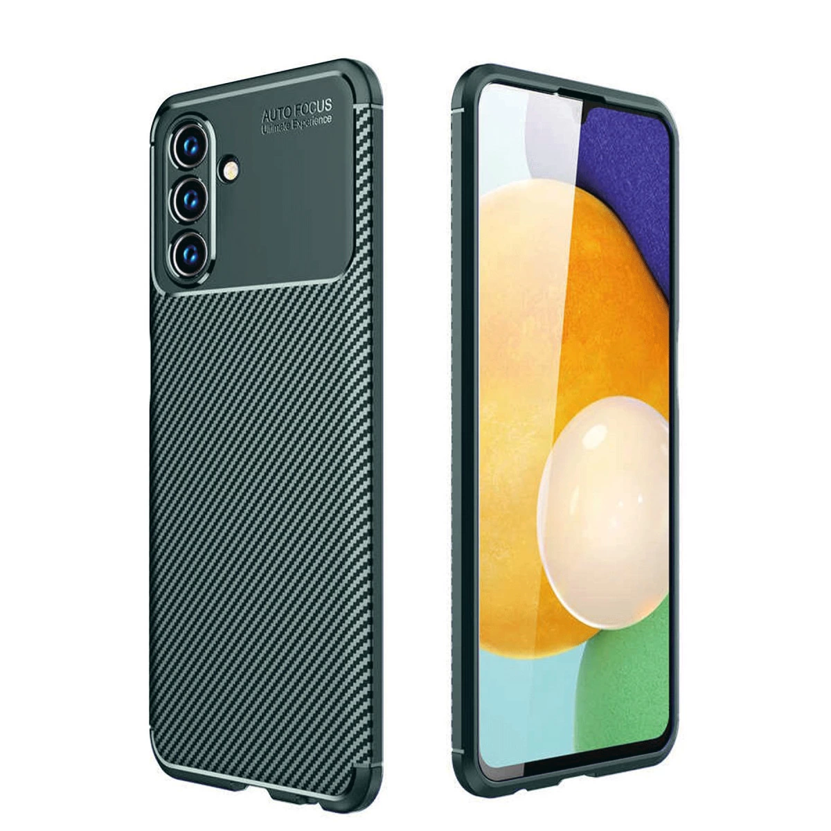 Karbon fiber kılıflı siyah bir telefon ve renkli ekranlı bir akıllı telefon.
