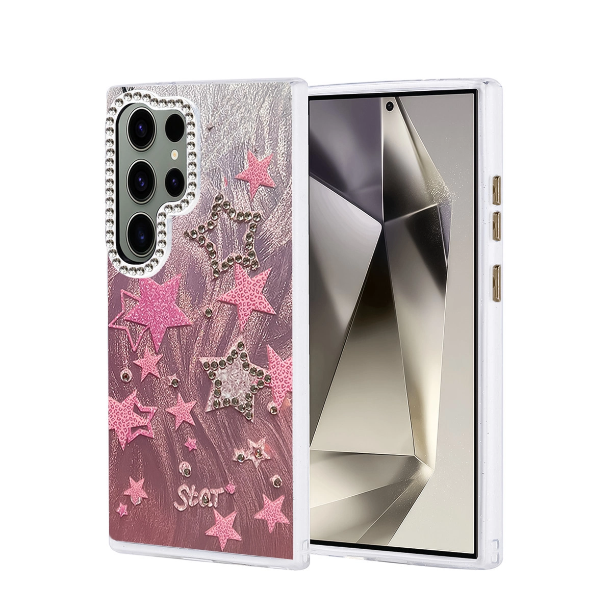 Pembe yıldızlar ve simlerle süslü telefon kılıfı, soyut arka planlı akıllı telefon yanında.