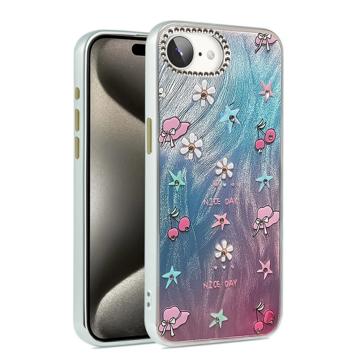 Çiçekler, yıldızlar, şapkalar ve kirazlarla süslü, mavi-pembe arka planlı iPhone kılıfı.