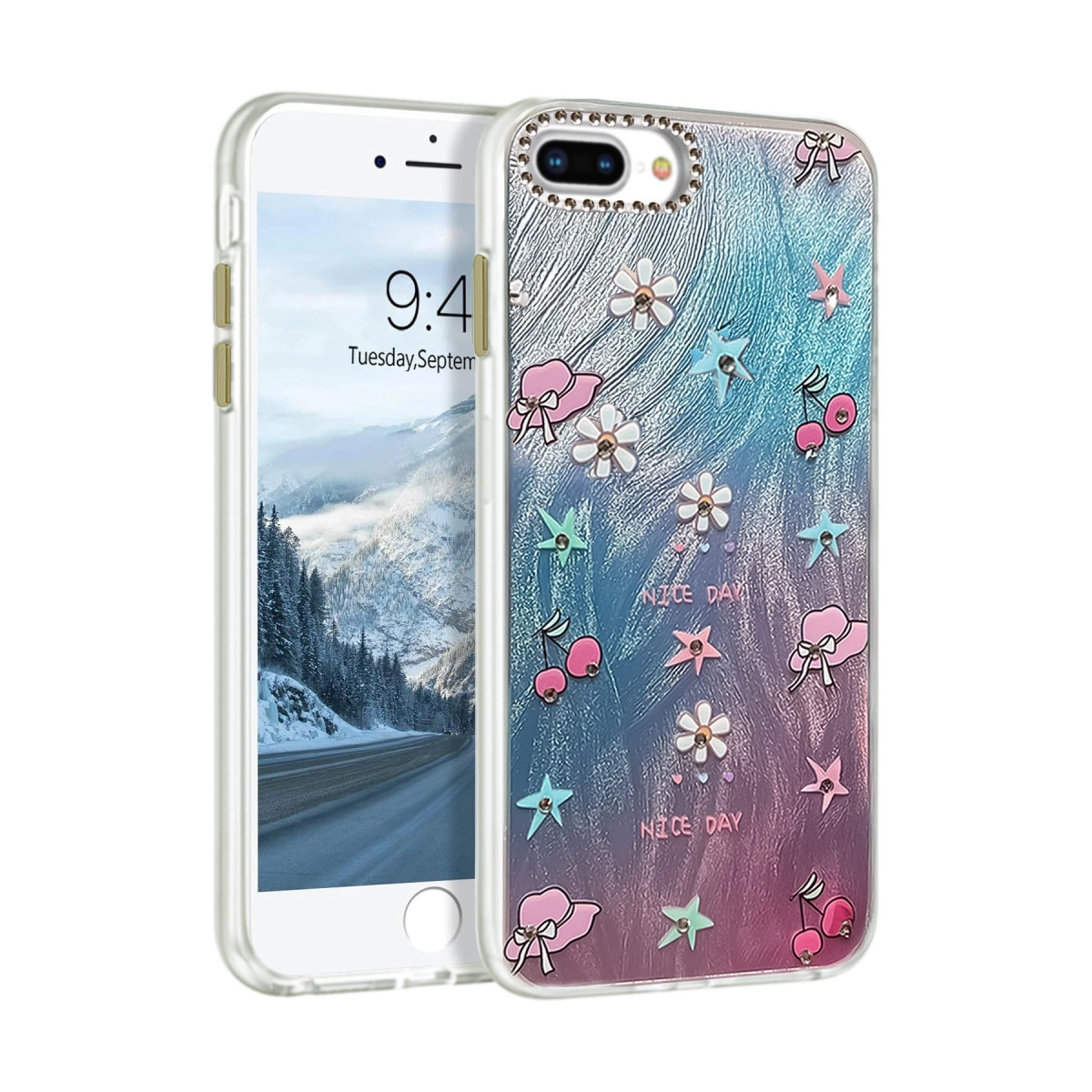 Mavi arka plan üzerinde kiraz, çiçek ve şapka bulunan bir iPhone kılıfı.