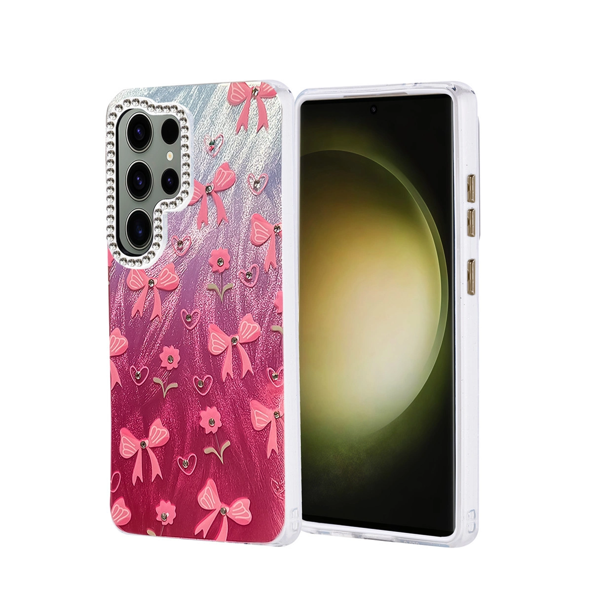 Fiyonk ve çiçekli pembe telefon kılıfı, akıllı telefonun yanında.