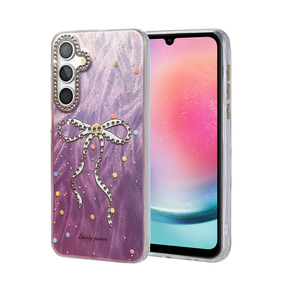 Simli kurdele ve taşlarla süslü mor telefon kılıfı. Yazı 'lovely power'.
