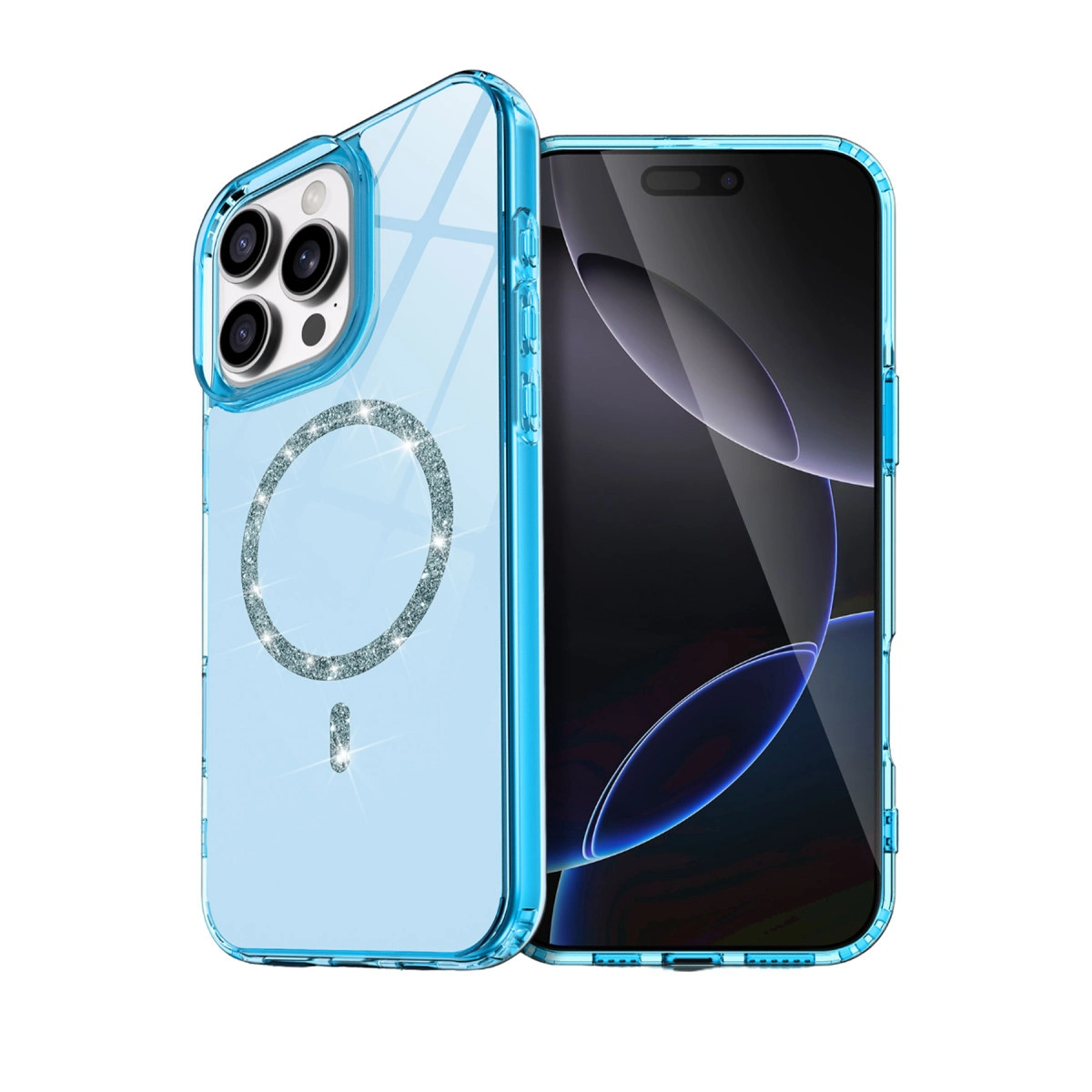 Simli halkalı mavi telefon kılıfı ve bir akıllı telefon.