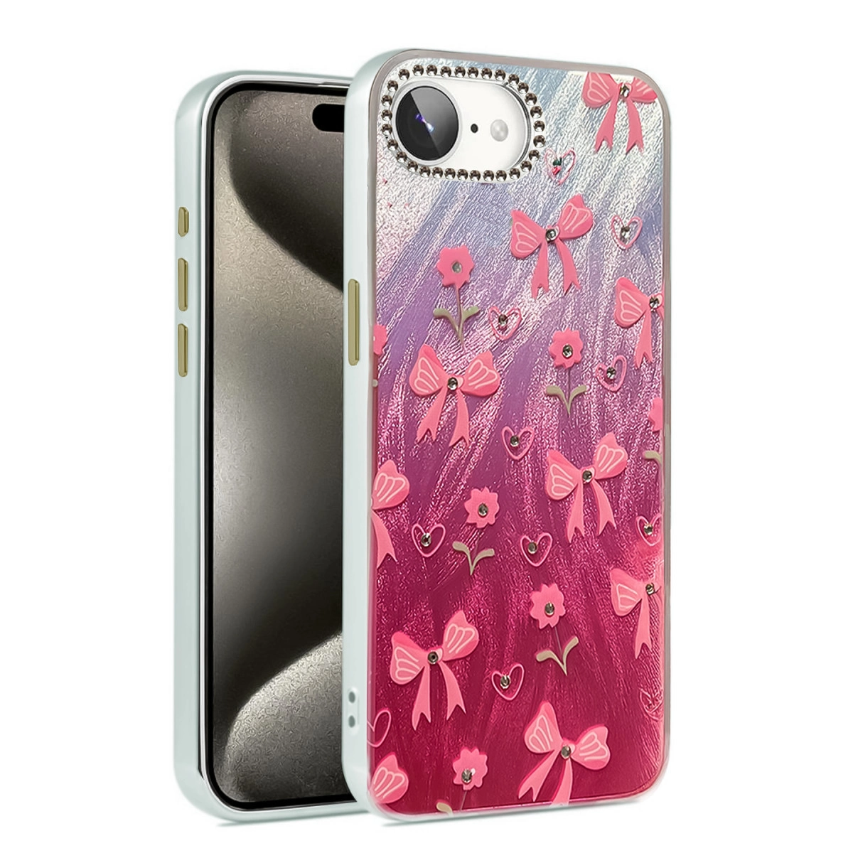 Pembe fiyonklar ve çiçekler içeren kılıflı açık mavi bir telefon.