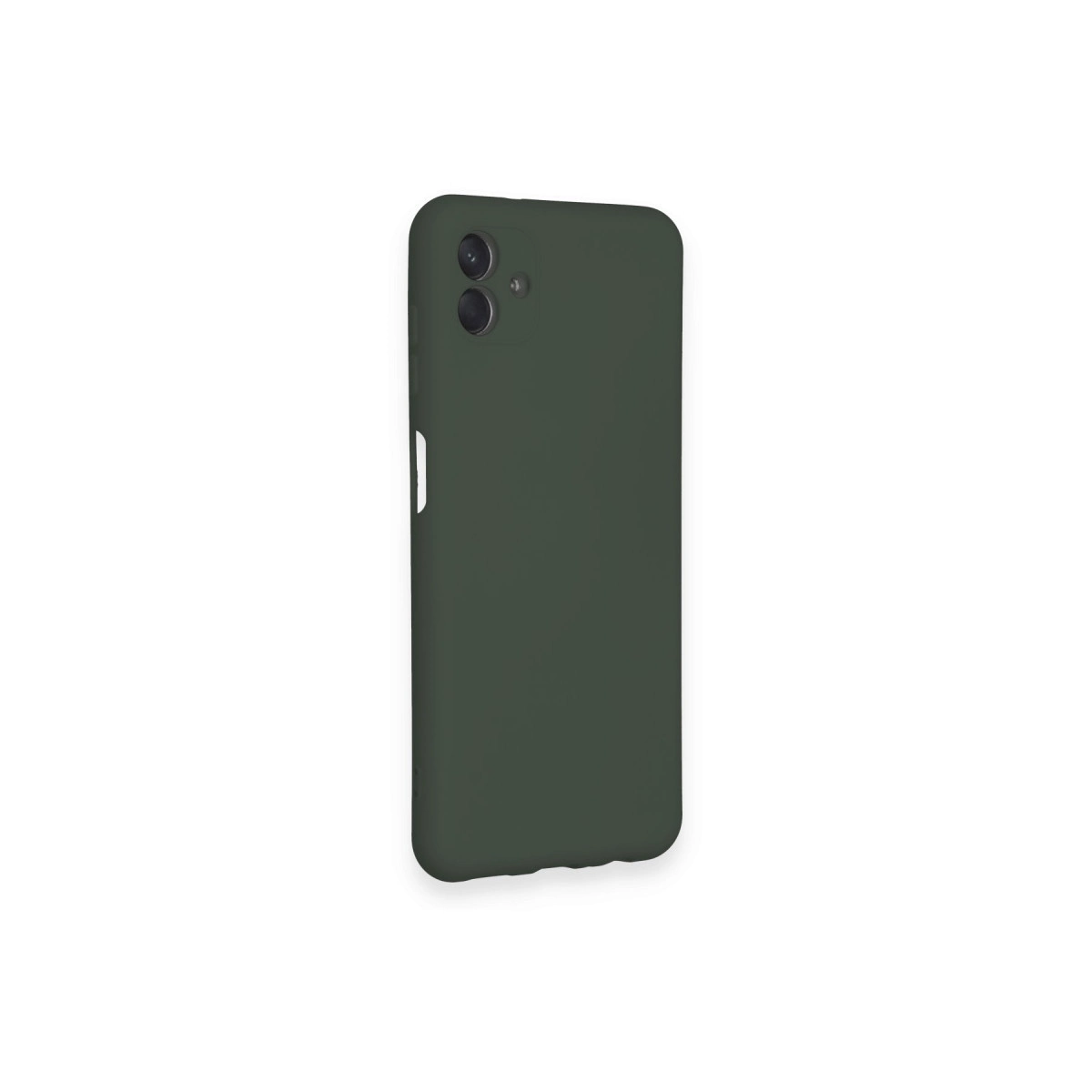 İki kamera lensli ve yan yuvalı koyu yeşil telefon kılıfı.