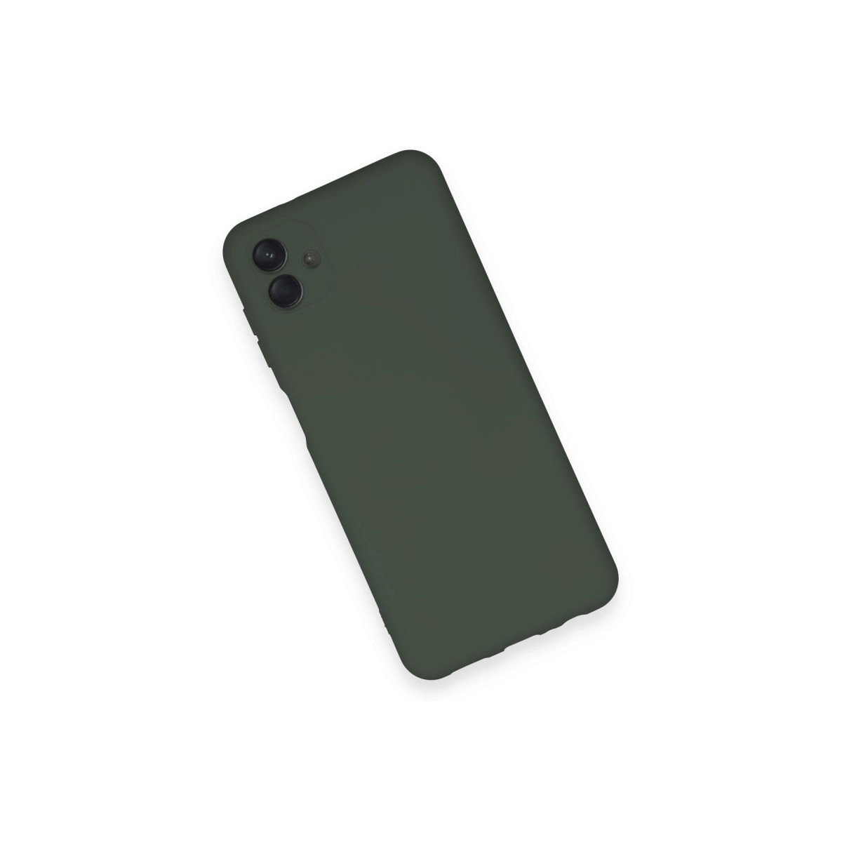 Çift kameralı koyu yeşil telefon, beyaz zeminde yatıyor.