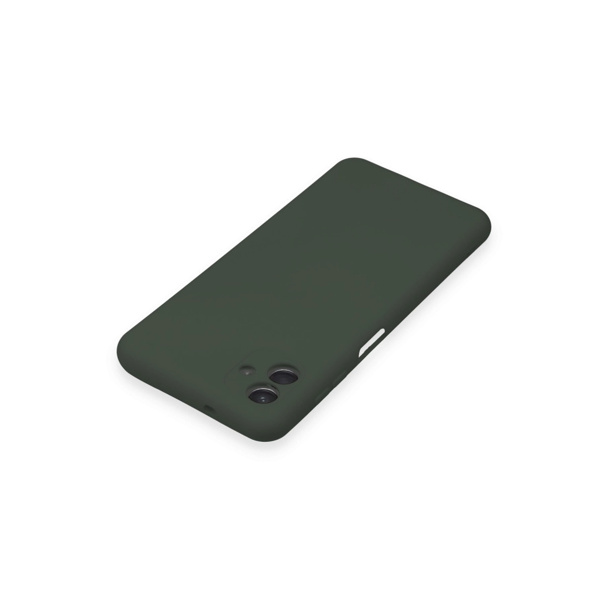 Kamera kesimli, beyaz arka plan üzerinde koyu yeşil telefon kılıfı.