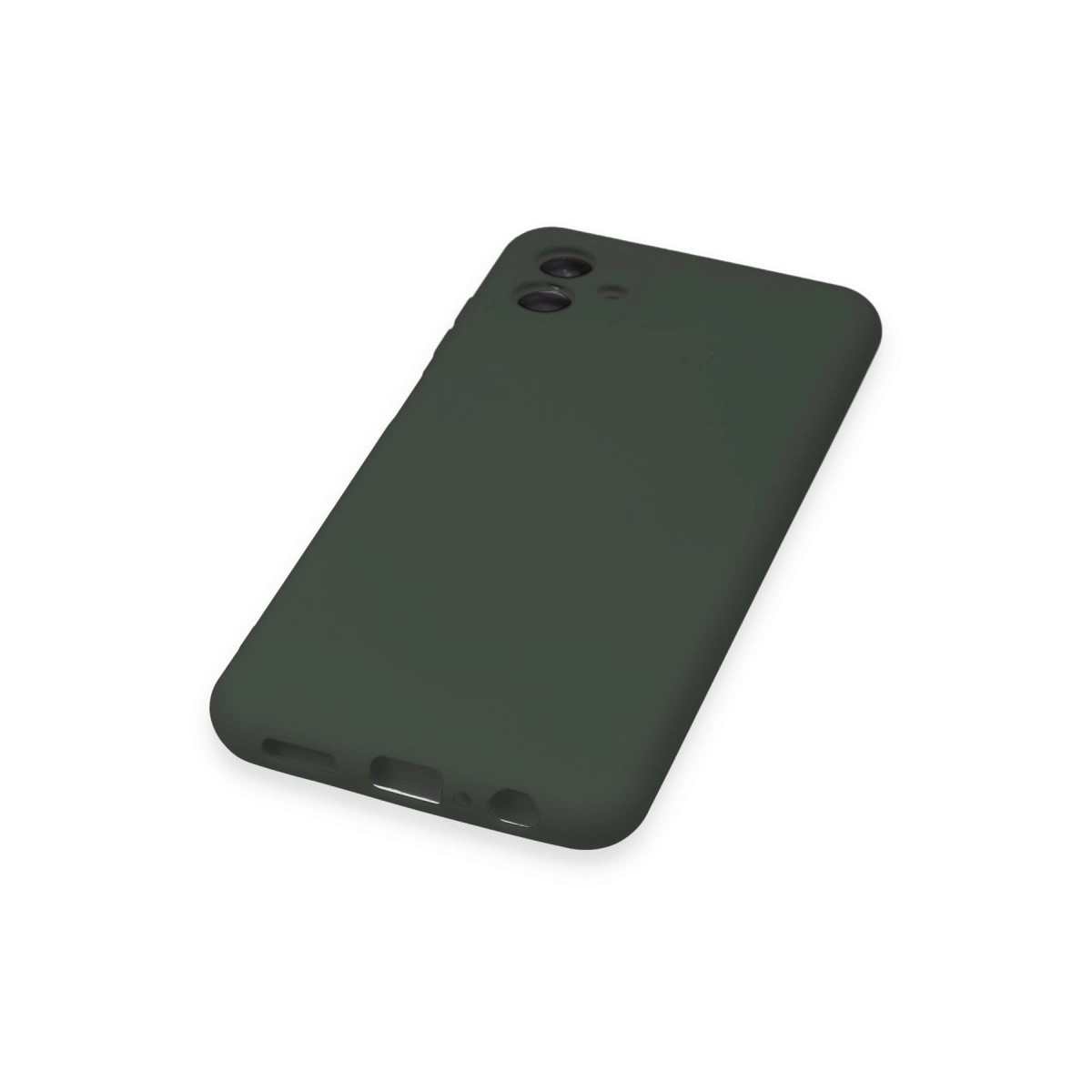 Kamera kesimli koyu yeşil telefon kılıfı beyaz arka plan üzerinde.