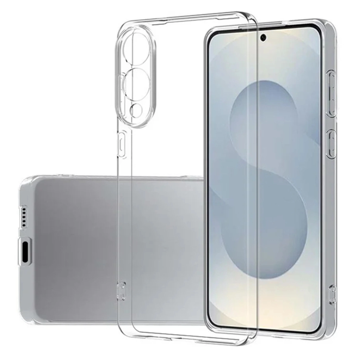 Ekran ve üç kamera için kesikli şeffaf telefon kılıfı.