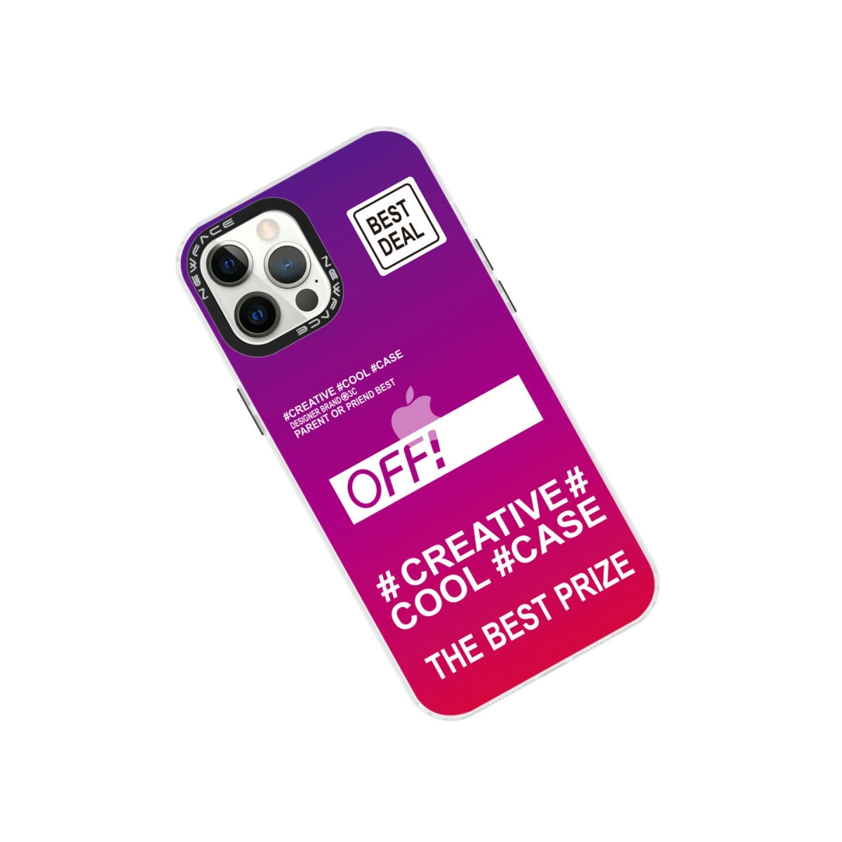 "BEST DEAL" ve "OFF!" yazılı mor-pembe telefon kılıfı.