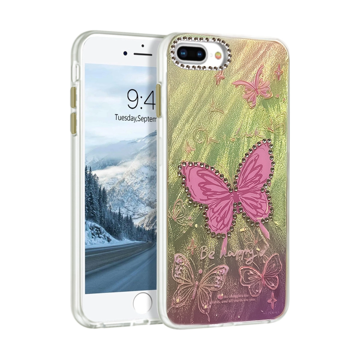iPhone üzerinde kelebek ve sim tasarımı olan şeffaf telefon kılıfı.