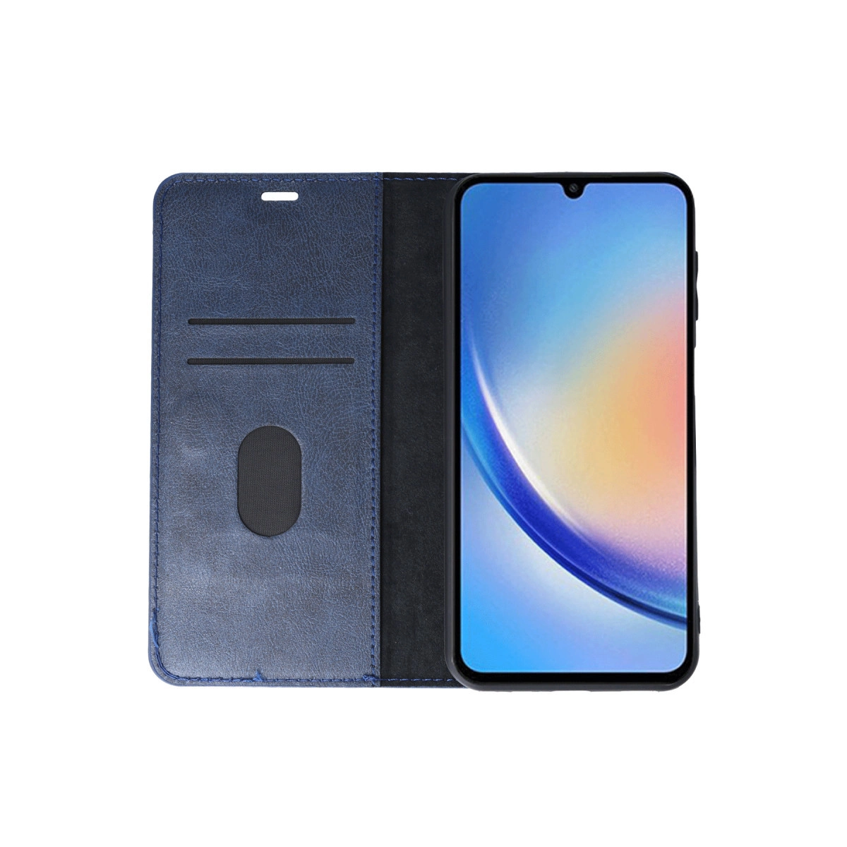 Kart yuvalı mavi telefon kılıfı ve parlak ekranlı bir akıllı telefon.