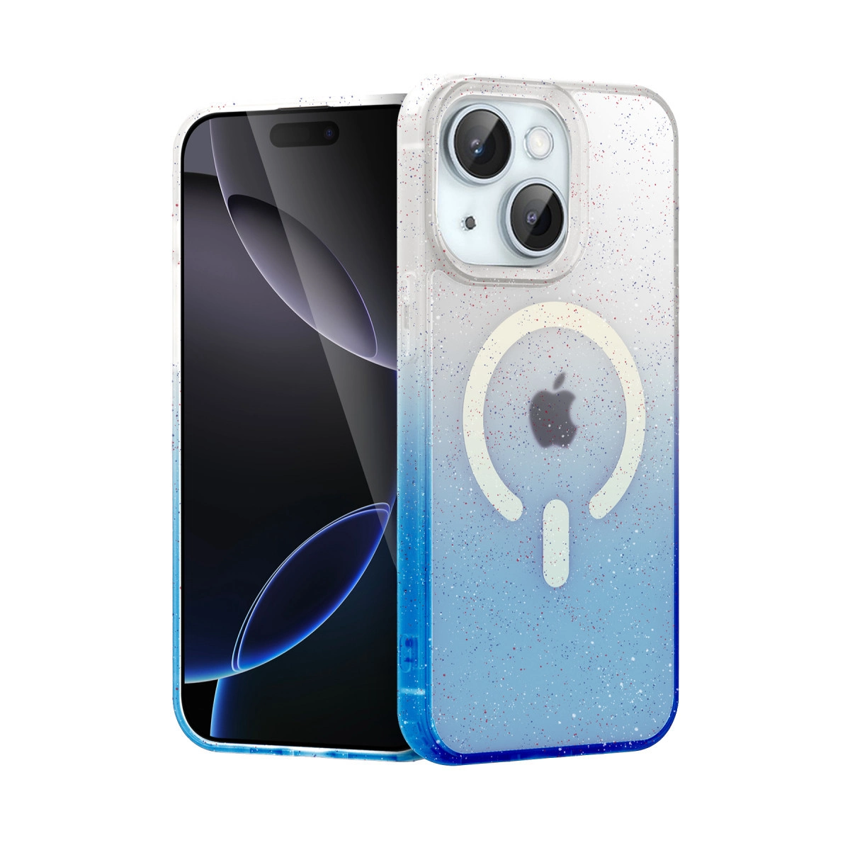 MagSafe ve Apple logosuna sahip, beyaz arka plan üzerinde simli mavi gradyan iPhone kılıfı.