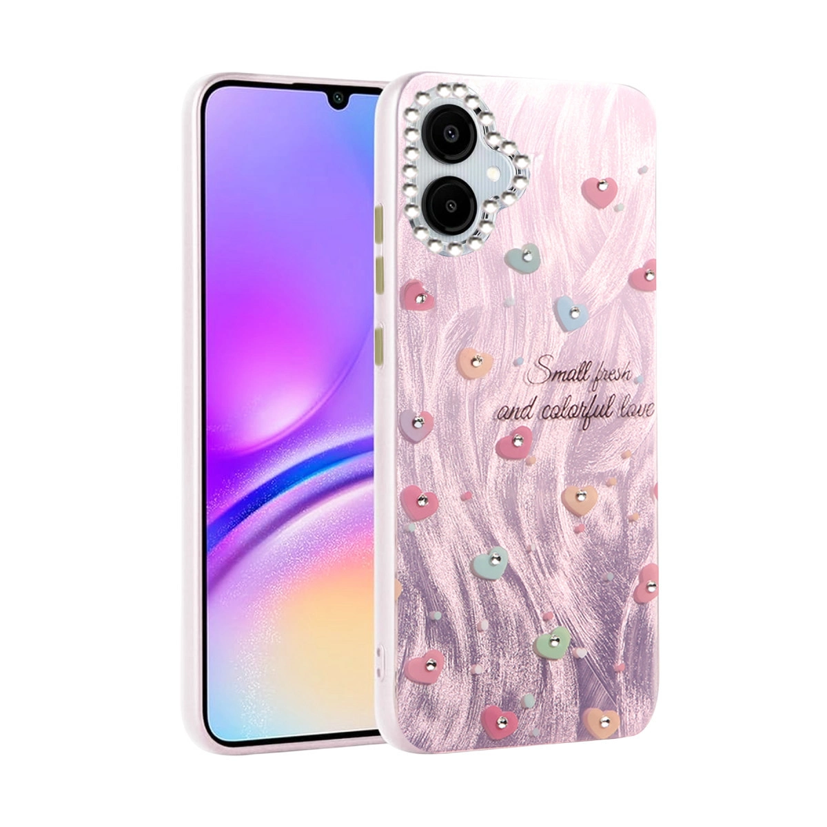 Renkli kalp ve simli pembe telefon kılıfı. Taşlarla çevrili kamera.