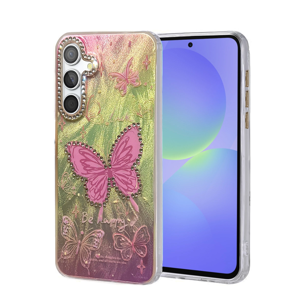 Taşlı kelebek desenli telefon kılıfı, akıllı telefonun yanında.