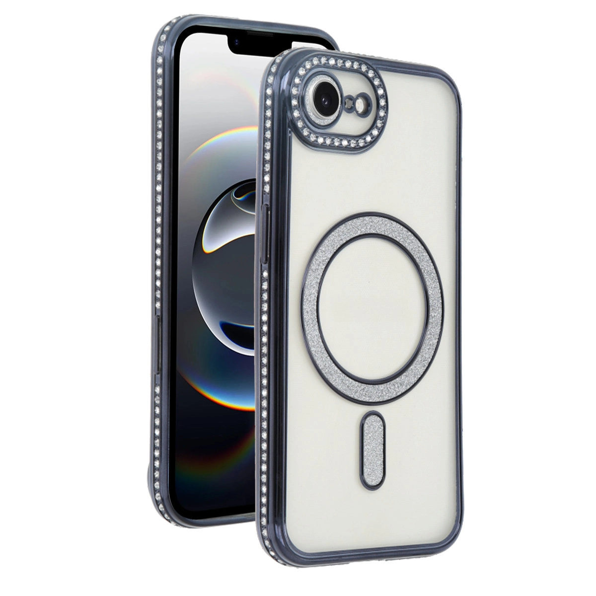 Parlak kenarlı ve manyetik halkalı şeffaf iPhone kılıfı.