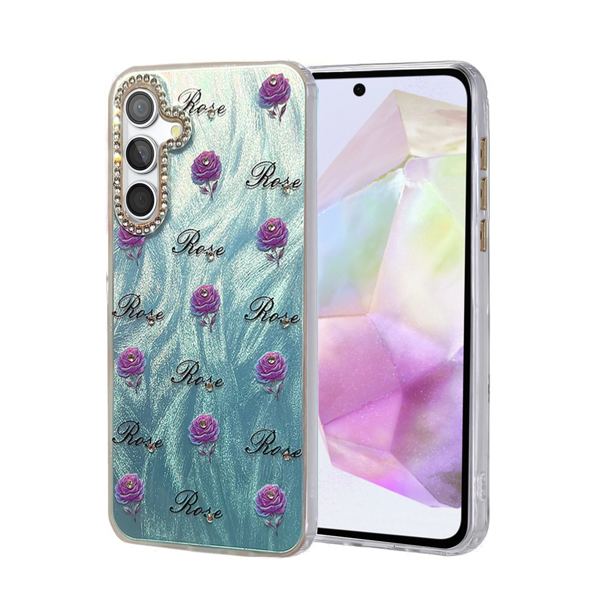 Kamara çevresinde taşlarla süslü, güllü mavi telefon kılıfı.