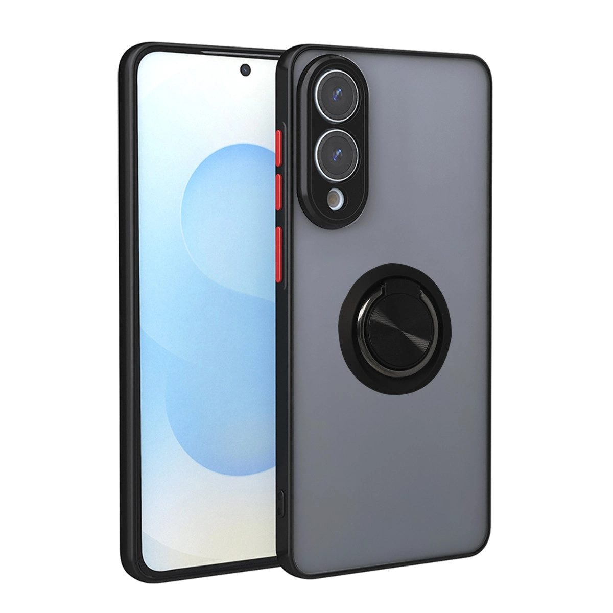Halkalı tutuculu ve kırmızı düğme detaylı gri telefon kılıfı.