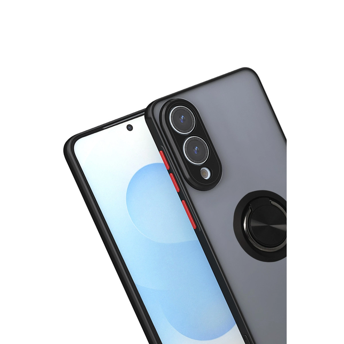 Siyah halka tutuculu ve üç kameralı gri telefon, beyaz arka plan.