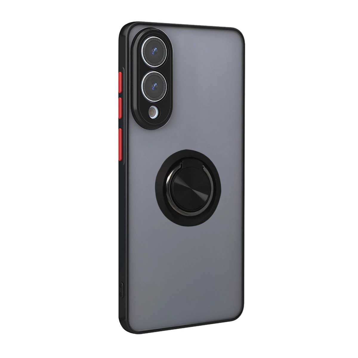 Halka tutuculu gri telefon kılıfı ve beyaz arka plan üzerinde kamera modülü.