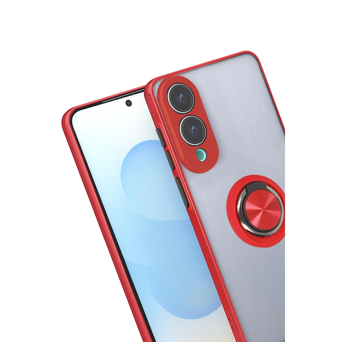 Çift kameralı ve halka tutuculu kırmızı telefon kılıfı.