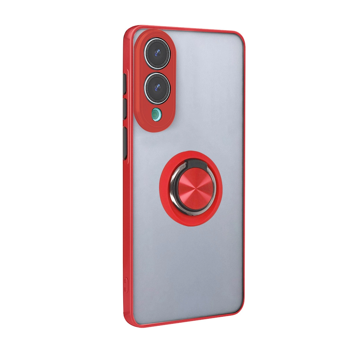 Kırmızı telefon kılıfı halka tutucu ve üç kamera lensi.